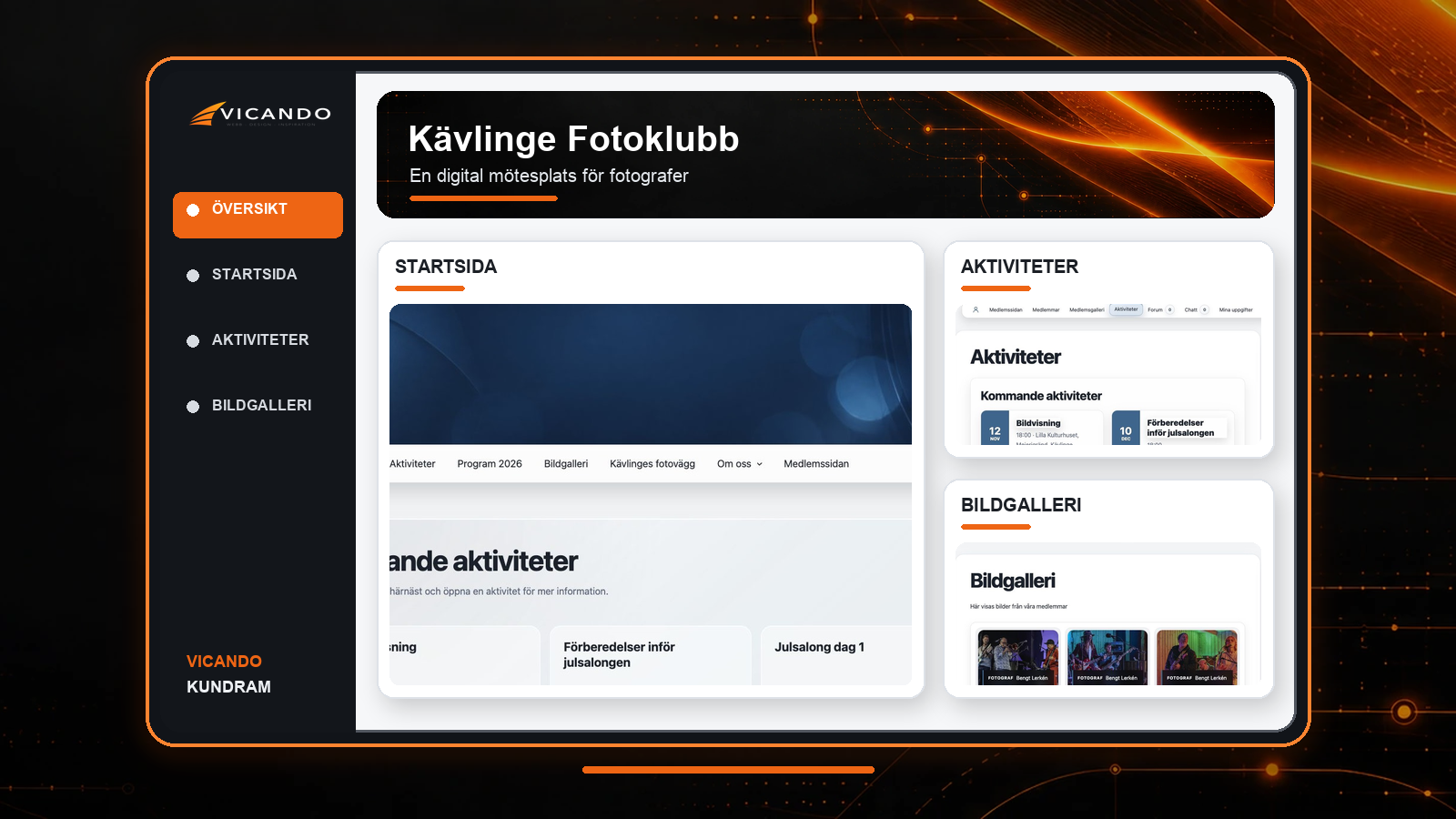 Kävlinge Fotoklubbs webbplats presenterad med tre skärmbilder i Vicandos kundram
